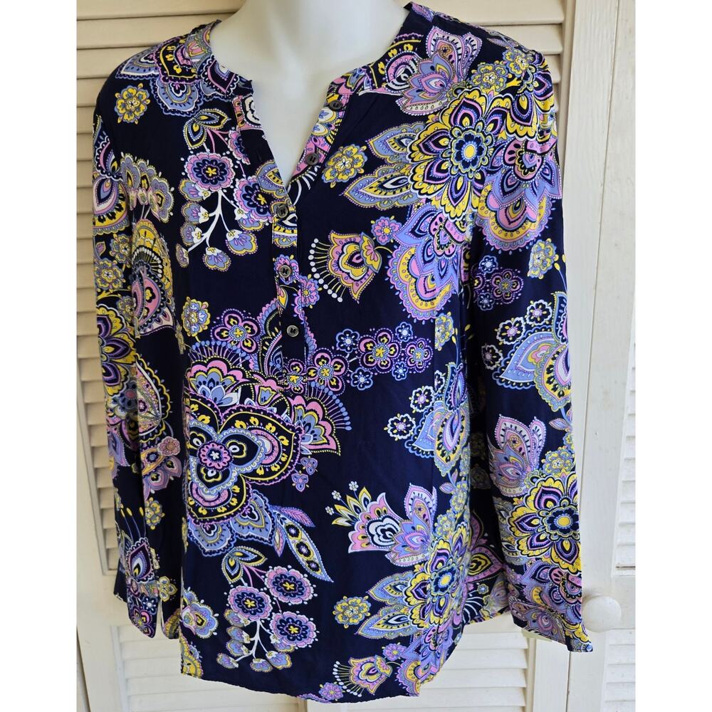 Talbots Blouse Tunic Popover Long Sleeve Blue Paisley V-Neck Office Career